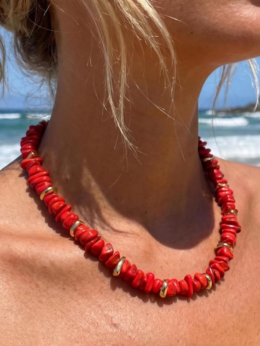 Red Irregular Beaded Necklace with Gold Accents